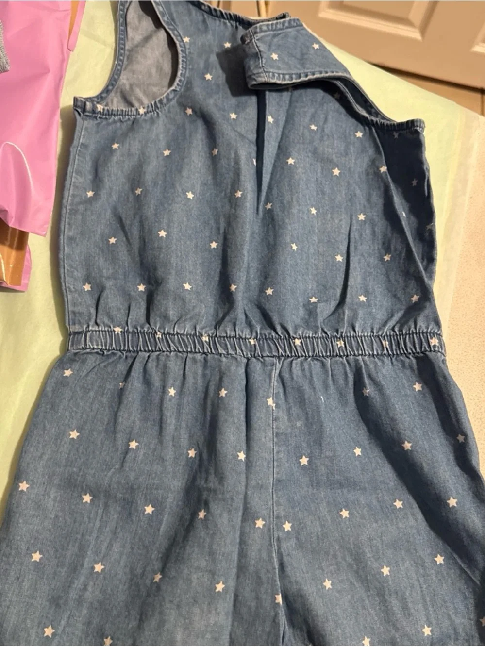 Cat & Jack Blue Star-Print Denim Romper with Red Rope Tie